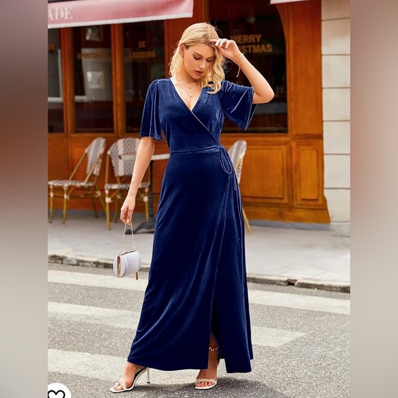 MEROKEETY Women's V Neck Wrap Velvet Maxi Dress Bell Sleeve Split Bridesmaid - Picture 3 of 10